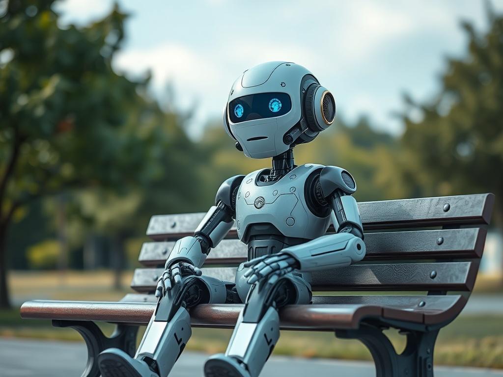 Create a realistic high-resolution photo of a friendly, humanoid robot in a rich blue and soft gray environment. The robot should be sitting on a park bench with a serene expression, as if inviting people to sit down and engage in conversation. The background should feature soft, blurred greenery to enhance the cool-toned aesthetic, with a clear sky above. The overall composition should focus on the robot as the sole subject, capturing its approachable and intelligent design.