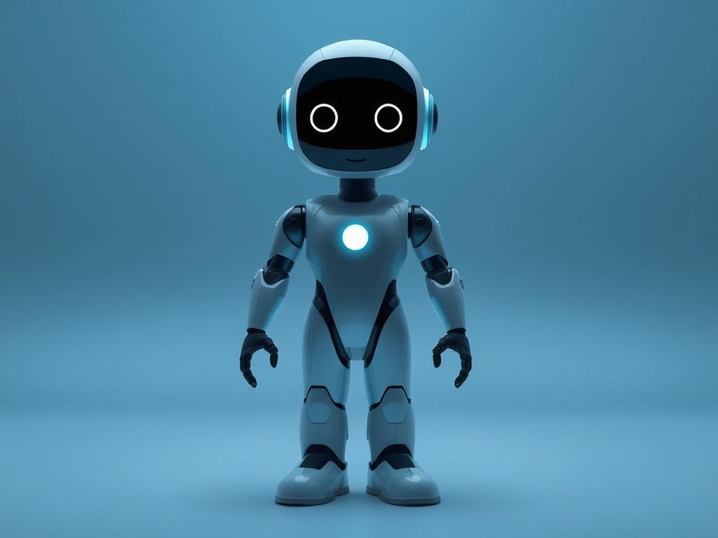 Create a realistic high-resolution photo of a sleek, modern AI robot standing in a cool-toned environment with shades of rich blues and soft grays. The robot should look friendly and approachable, with a subtle glow emanating from its core. The background should be minimalistic, emphasizing the robot as the sole subject, creating an inviting atmosphere.