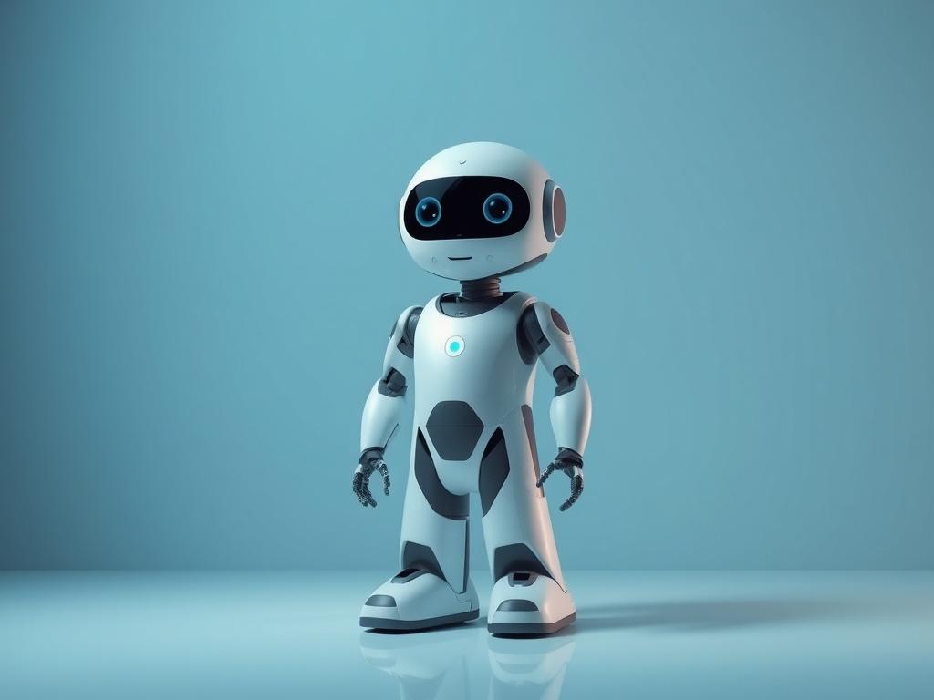 A realistic high-resolution photo of a sleek, modern AI robot in a serene, cool-toned environment. The robot, with an inviting and friendly design, stands confidently in the center, surrounded by shades of rich blues and soft grays. The background features a minimalist aesthetic, enhancing the futuristic vibe of the AI companion.