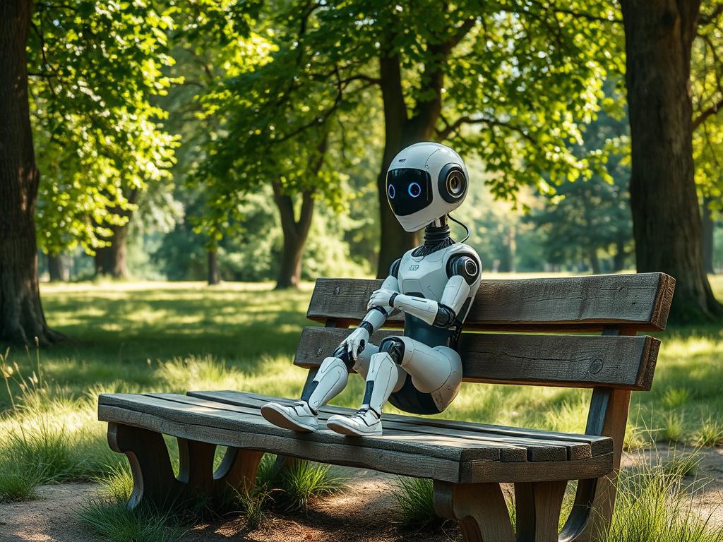 A rustic scene featuring a lifelike AI companion seated on a weathered wooden bench in a serene park. The AI companion has a friendly, approachable design, blending seamlessly into the natural environment. Surrounding the bench are lush green trees and soft grass, with sunlight filtering through the leaves, creating a warm and inviting atmosphere. The earthy textures of the bench and the vibrant greenery evoke a sense of harmony and connection with nature.