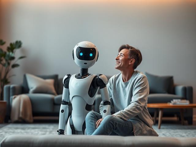 **Prompt for AI Image Generation:**

Create a realistic high-resolution photo that embodies the theme of "Discover Your Perfect AI Companion." The composition should be minimalistic and focus on a single AI companion interacting with a human in a serene indoor setting. 

**Subject Matter:** The main subject is a state-of-the-art AI companion—a humanoid robot with sleek lines, featuring a soft, approachable face and glowing elements that suggest intelligence and warmth. The companion should be situated next 