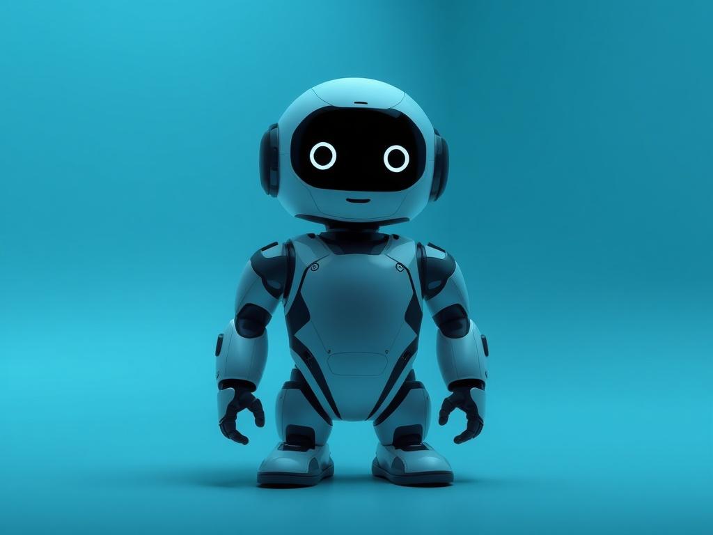 A realistic high-resolution photo of a sleek, modern AI robot standing in a cool-toned environment. The robot has a friendly design, with soft features, and is surrounded by shades of rich blues and soft grays. The background should be minimalistic, highlighting the robot as the sole subject, giving a sense of innovation and warmth.