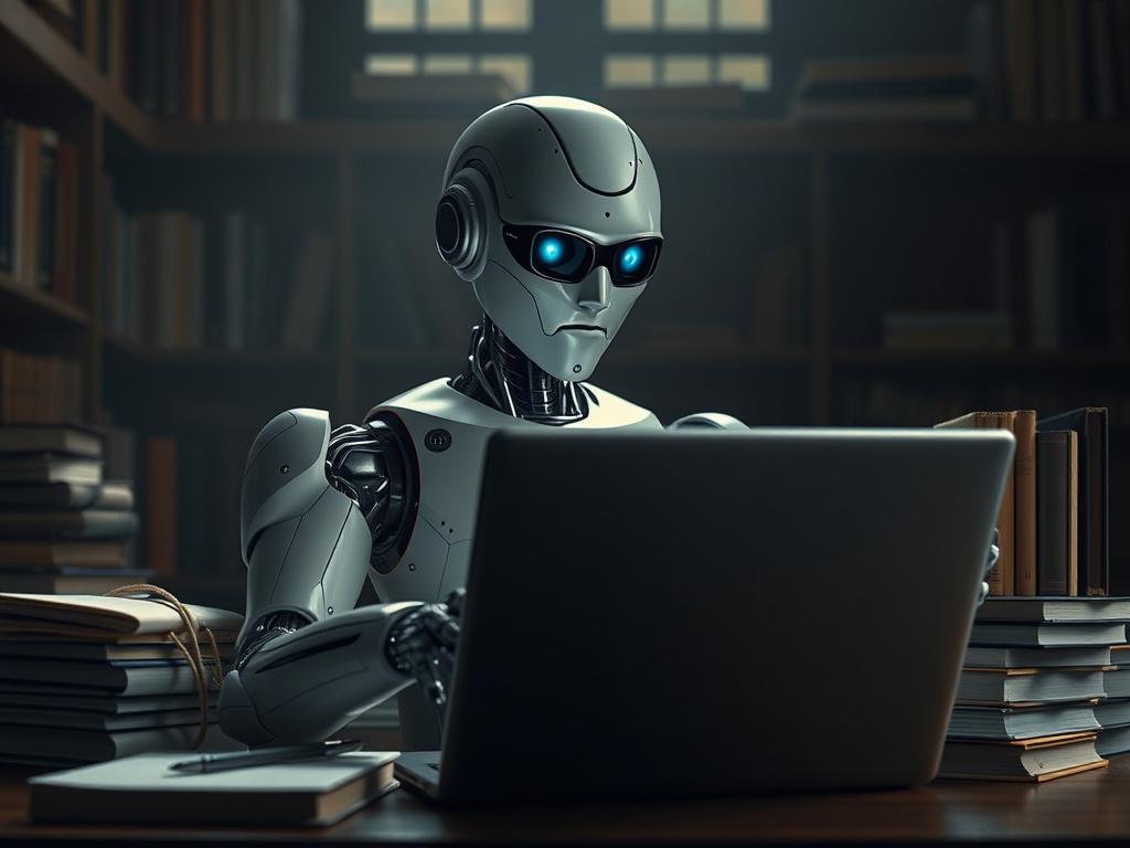 A realistic high-resolution photo of an AI Companion named Scholar, portrayed as a sophisticated, humanoid robot surrounded by books and a laptop. The setting should be a study room with dramatic lighting and deep shadows, emphasizing a rich contrast between the robot and the educational materials. The robot should be in a thoughtful pose, engaging with the laptop, symbolizing the integration of AI in education.