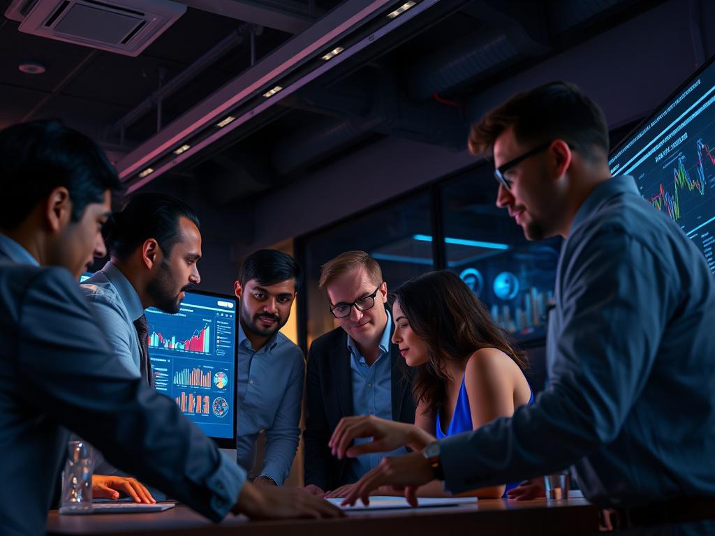 A high-resolution image depicting a team of diverse professionals collaborating around a digital interface showcasing AI data analytics. The scene is vibrant, with screens displaying graphs and AI models. The background features modern office decor, enhancing the atmosphere of innovation and teamwork. Deep shadows and dramatic lighting emphasize the intensity of the brainstorming session. The color palette should incorporate the primary color rgb(50, 170, 39), creating a dynamic and engaging visual experien