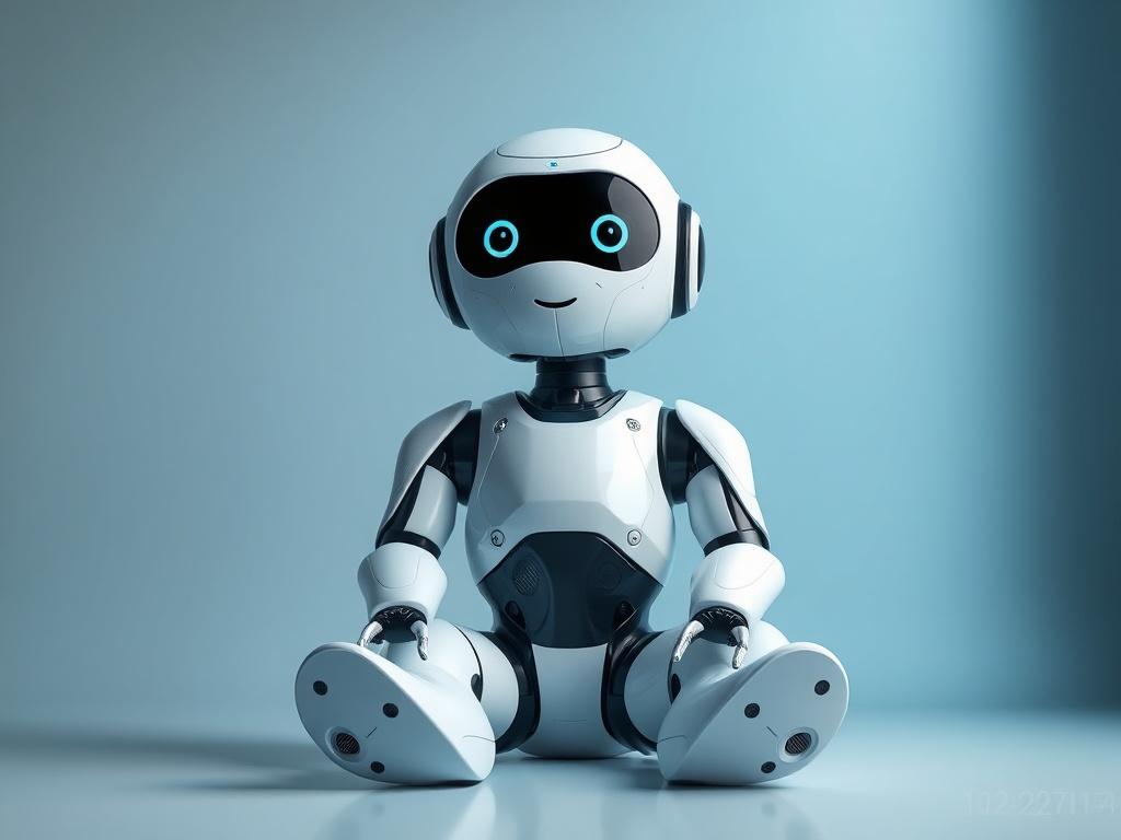 A realistic high-resolution photo of a sleek, modern AI robot sitting in a serene, cool-toned environment. The robot features soft curves and a friendly face, exuding warmth and approachability. The background showcases soft gray tones with accents of rich blue, creating a peaceful atmosphere. The composition focuses solely on the robot, with a clean and clear layout.