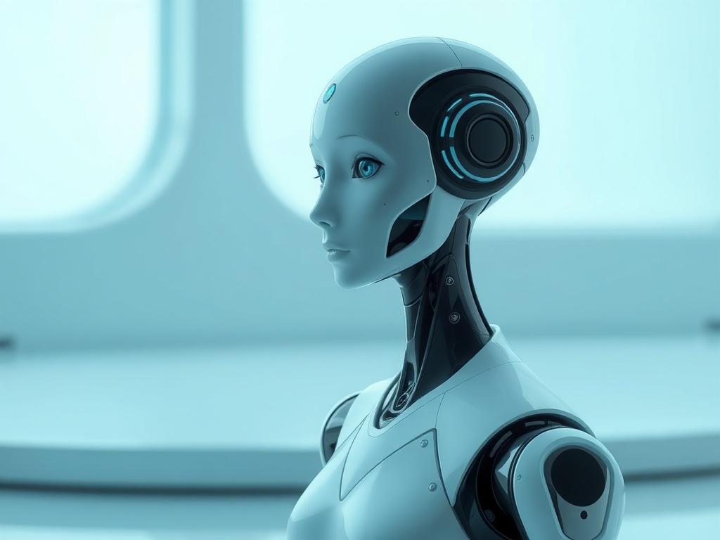 Create a realistic high-resolution photo of a sleek, modern AI companion in a cool-toned environment. The AI should be humanoid in appearance, designed with soft curves and a futuristic aesthetic. Position it in a serene setting that features shades of rich blues and soft grays, with gentle lighting that highlights its features. The background should be minimalistic, emphasizing the AI companion as the sole subject, creating a calming, inviting atmosphere.