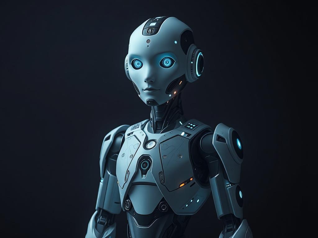 A realistic high-resolution photo of a futuristic, humanoid AI Companion, standing confidently in a dimly lit room. The AI features intricate, glowing circuitry and a friendly expression, embodying intelligence and approachability. The background should be a soft gradient of deep shadows, enhancing the dramatic lighting and rich contrasts. The primary color theme should reflect rgb(50, 170, 39), subtly integrated into the design of the AI Companion.