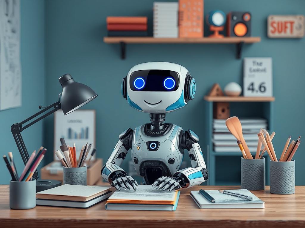 A realistic high-resolution photo of a creative assistant bot, sitting at a stylish desk filled with art supplies and notebooks. The bot has an innovative design that inspires creativity, with a vibrant yet calming expression. The background showcases a cool-toned environment with shades of rich blues and soft grays, enhancing the creative atmosphere.