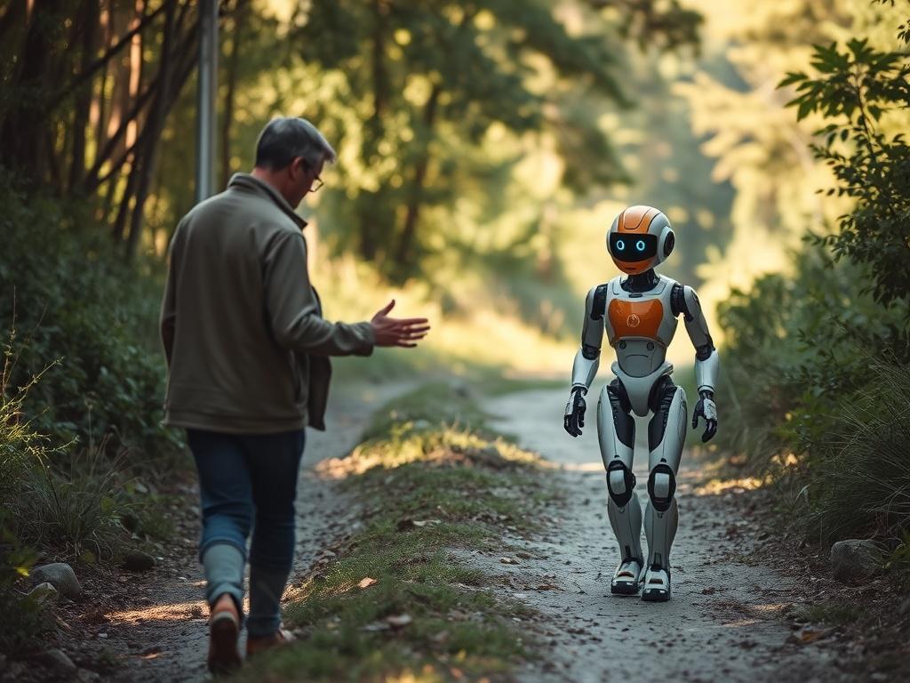 A serene outdoor scene featuring a person walking along a natural pathway, engaged with a friendly AI companion that appears as a humanoid robot. The robot should have a warm, approachable design, with natural tones and earthy textures, blending harmoniously with the environment. The background should showcase lush greenery and soft sunlight filtering through the trees, creating an inviting atmosphere that emphasizes companionship and technology in harmony.