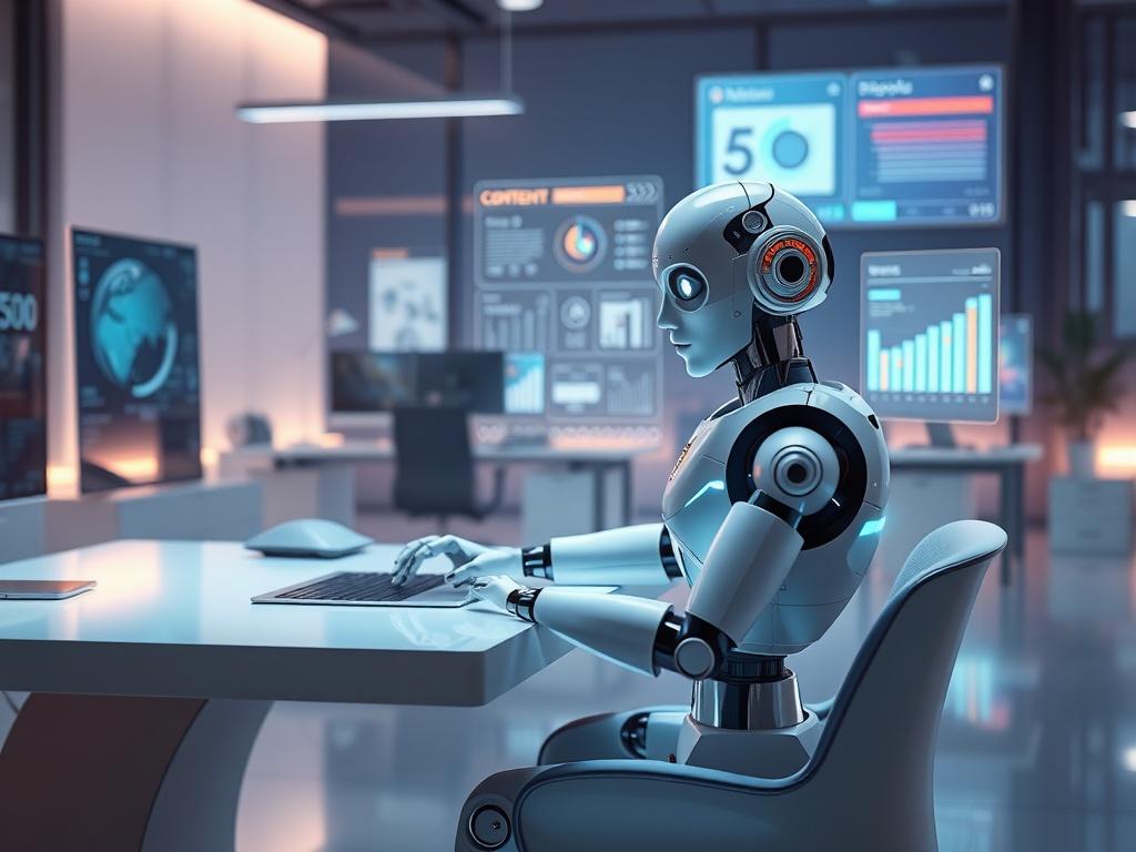 **AI Image Generation Prompt:**

Create a realistic high-resolution photo that embodies the theme "Discover your perfect AI Employee." The composition should be minimalist, featuring a single humanoid robot sitting at a sleek modern desk in a futuristic office setting. The robot should exhibit a friendly and approachable demeanor, with a polished surface that reflects the soft, cool-toned environment. 

For the background, depict a contemporary office space filled with high-tech gadgets and monitors glowing