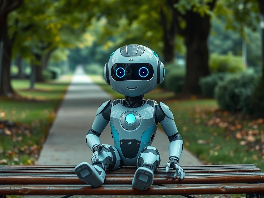 A realistic high-resolution photo of a friendly AI robot sitting on a park bench, surrounded by nature. The robot has a sleek design with a soft blue and gray color palette, reflecting a welcoming expression. The background features lush greenery and a serene path, with a cool-toned atmosphere, emphasizing the tranquility of companionship. The composition is simple, focusing solely on the robot and its inviting demeanor.
