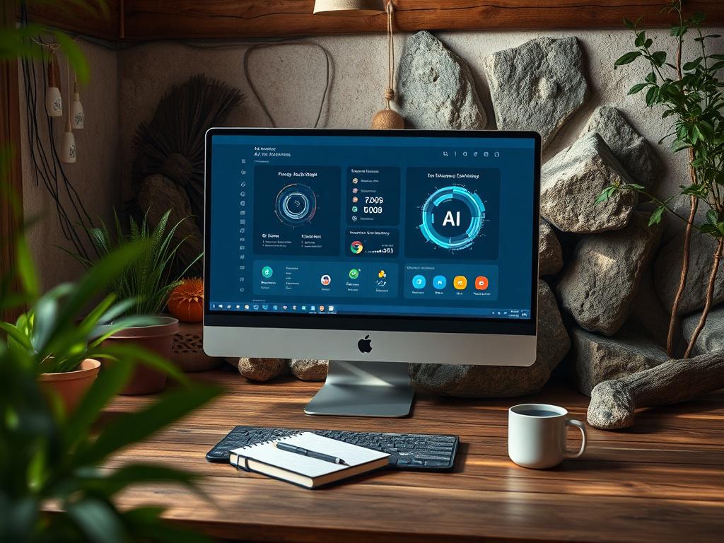 A tranquil workspace featuring a sleek computer setup with a