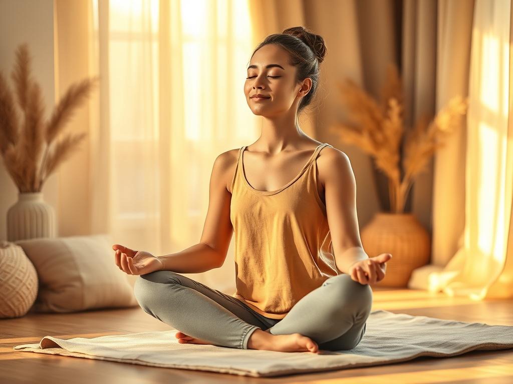 A serene setting with a young woman practicing breathwork, sitting cross-legged on a soft mat in a cozy, golden-lit room. The background features gentle plants and soft fabrics, creating a calming atmosphere. The woman has a peaceful expression, with her eyes closed, embodying tranquility and mindfulness. The light casts a warm glow, enhancing the serene vibe of the scene.