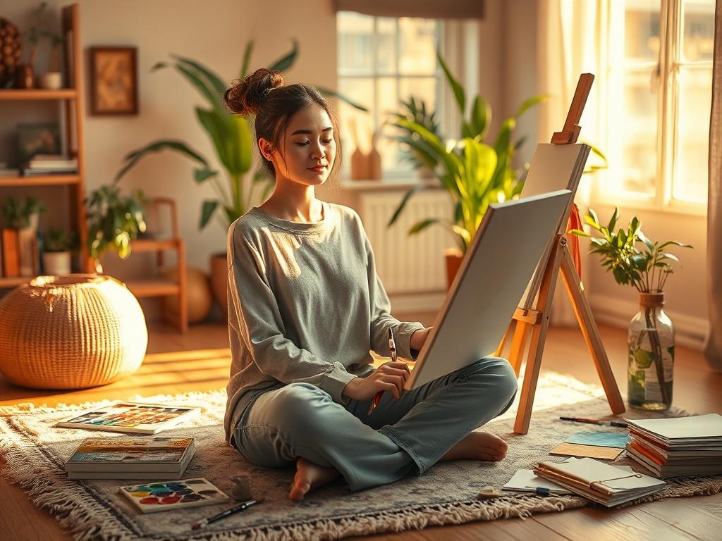 A serene, cozy setting featuring a woman sitting cross-legged on a soft rug, surrounded by colorful art supplies such as paints, brushes, and sketchbooks. The woman has a peaceful expression as she paints on a canvas, embodying creativity and self-expression. Soft golden lighting permeates the room, creating a warm atmosphere. In the background, there are plants and a window that lets in gentle natural light, enhancing the feeling of tranquility and inspiration.