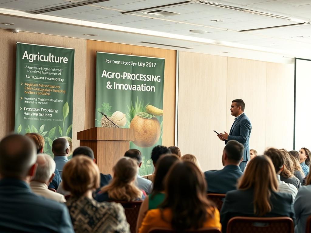 A professional speaker standing confidently at a podium, engaging an audience during a conference. The setting is a well-lit conference room with an audience of diverse individuals attentively listening. The background includes banners related to agriculture and sustainability, with earthy colors and textures that reflect the theme of agro-processing and innovation.