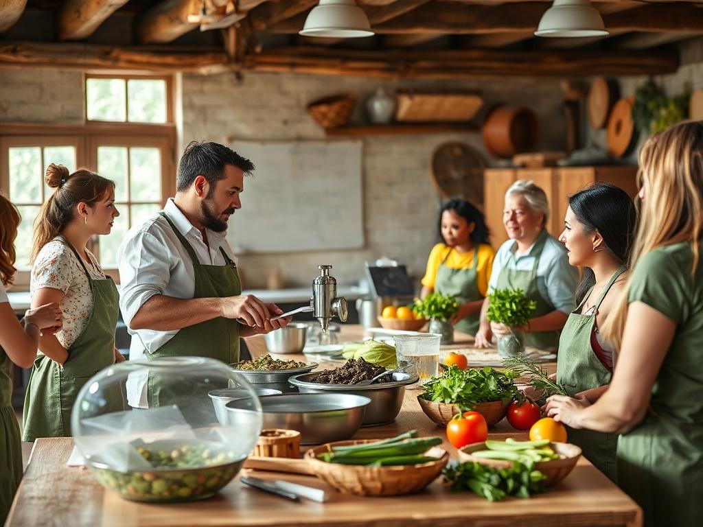 A vibrant classroom setting where a trainer is demonstrating food processing techniques to engaged participants. The scene includes practical equipment, fresh ingredients, and a focus on interaction and learning. The background features natural lighting and elements that reflect a rustic and agricultural theme.
