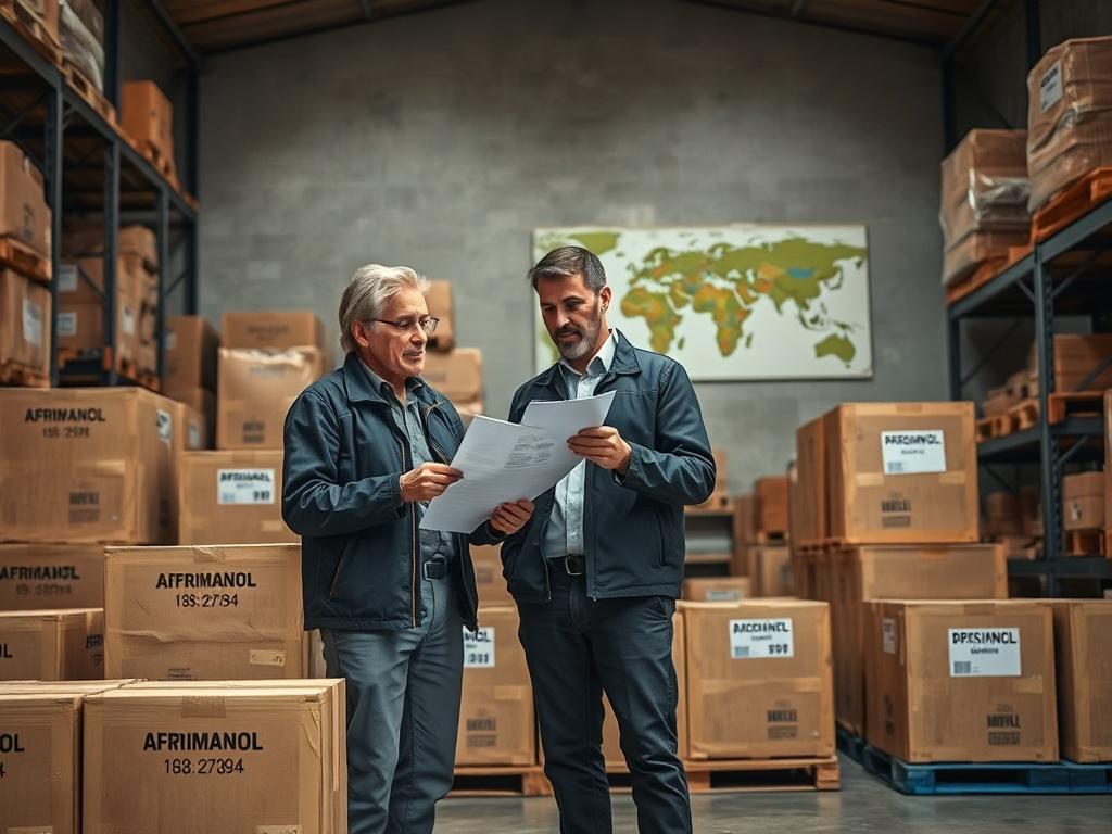 An export specialist reviewing shipment documents with an agribusiness owner in a warehouse filled with packaged goods. The scene showcases crates labeled for international shipping, and a world map on the wall indicating global reach. The atmosphere conveys professionalism and readiness for global trade.