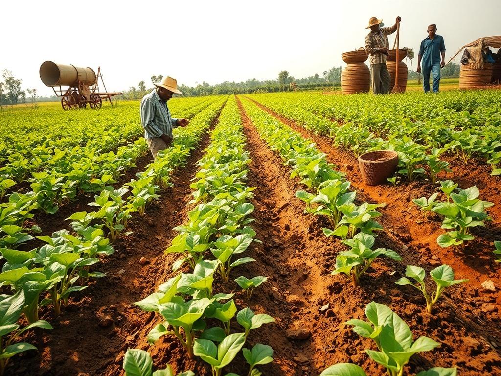 A high-resolution photo capturing a lush Nigerian farm scene, showcasing eco-friendly agricultural practices. The image should feature a farmer inspecting a vibrant field of crops, with a focus on greenery and natural soil textures. In the background, include elements like sustainable farming tools and traditional storage structures, all enveloped in warm, natural lighting to reflect the rustic aesthetic.