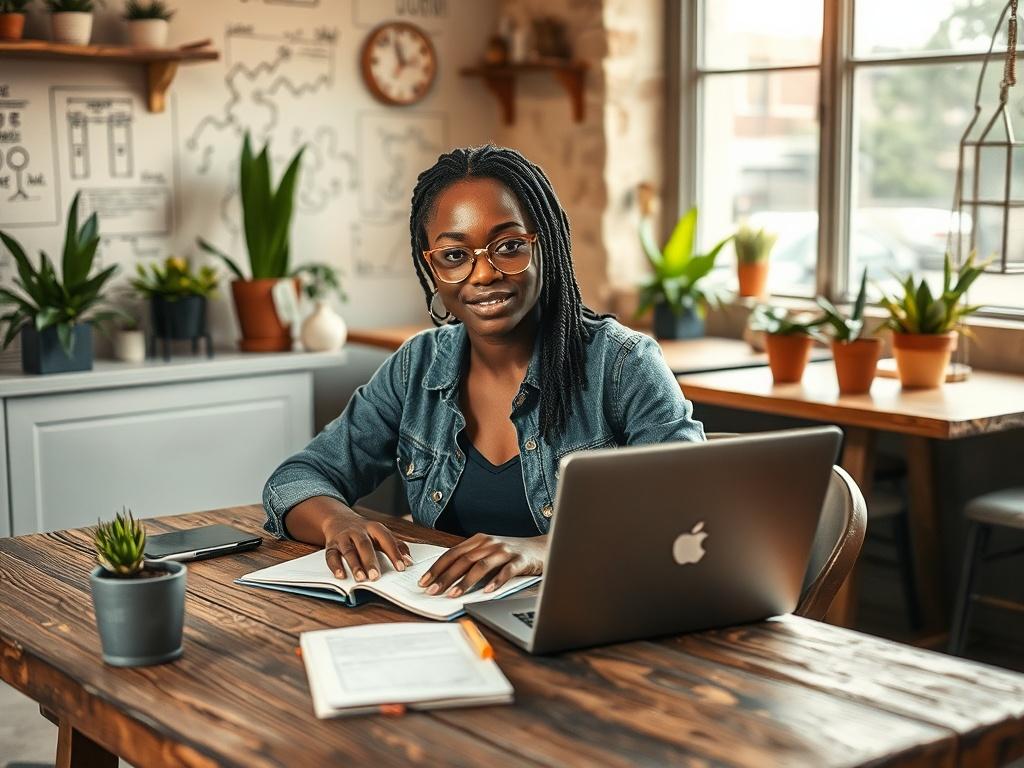 Create a realistic high-resolution photo that encapsulates the essence of "Youth Entrepreneurship and Enterprise Growth." The subject of the image should be a young entrepreneur, a passionate Black woman in her early twenties, sitting confidently at a rustic wooden table. She is working on a laptop, with a notebook and a few pens scattered around to signify active planning and creativity. 

The background should depict a cozy café filled with elements that reflect an entrepreneurial spirit, such as potted p
