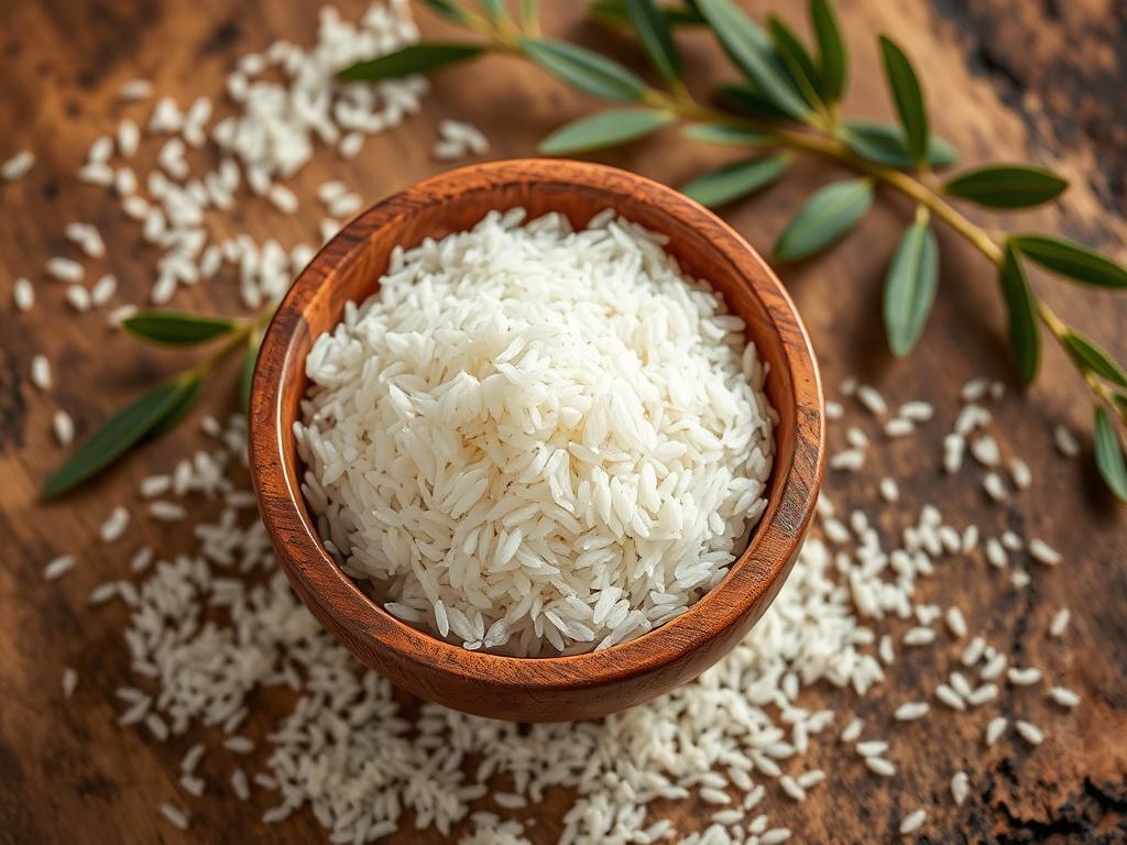 A high-resolution photo of premium Ofada rice displayed in a rustic wooden bowl, surrounded by green leaves and grains of rice scattered around. The background should be natural and earthy, with warm tones that evoke a sense of home cooking.