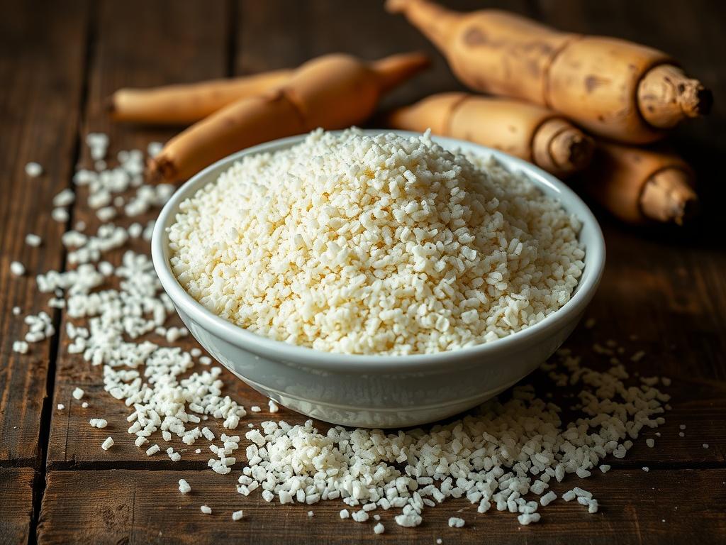 A beautifully arranged bowl of White Garri Ijebu on a rustic wooden table, with some garri sprinkled around and a few cassava roots in the background. The photo should capture natural light, emphasizing the texture and color of the garri.