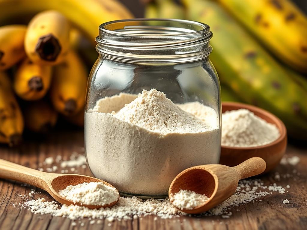A high-resolution image of Unripe Plantain Flour in a clear glass jar, with a scoop beside it, set against a backdrop of unripe plantains and wooden utensils. The composition should highlight the flour's texture and the natural elements surrounding it.