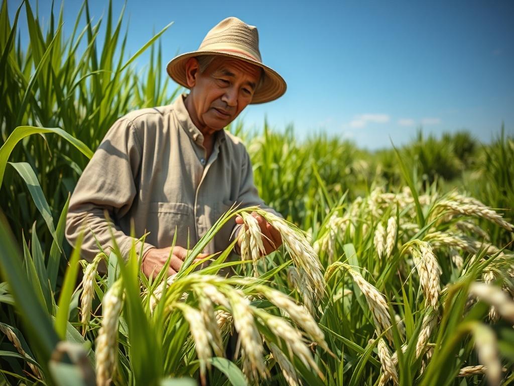 A rustic farm scene showcasing a farmer inspecting premium Ofada rice in a sunlit field. The farmer wears traditional attire, and the background features lush green rice plants with a clear blue sky. The focus is on the farmer and the rice, capturing the essence of agro-processing and sustainability.
