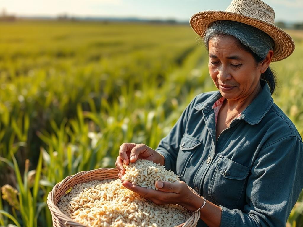 Create a highly realistic high-resolution image that encapsulates the essence of the blog titled "Maximizing Your Harvest: Best Practices in Agro-Processing." The image should feature a single subject: a skilled agro-processor, a middle-aged woman dressed in practical farming attire, carefully inspecting a basket filled with freshly harvested Ofada rice. 

The composition should be simple and clear, with the woman positioned centrally in the frame, focusing intently on the grains in her hand. Her expression