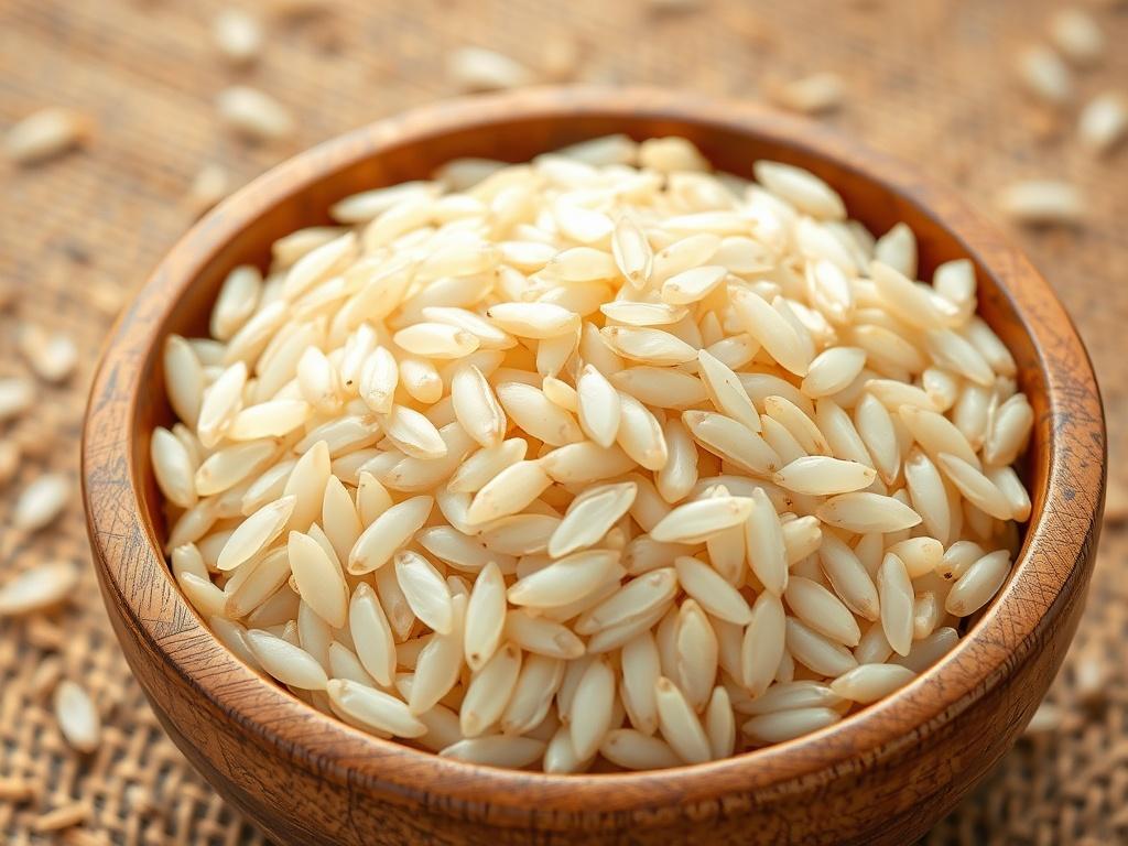 A close-up view of premium, stone-free Ofada rice grains displayed in a rustic wooden bowl. The grains are shiny and perfectly polished, showcasing their quality. The background features a natural textured surface, highlighting the earthy tones of the rice. Soft, natural lighting enhances the richness of the rice, making it the focal point of the image.