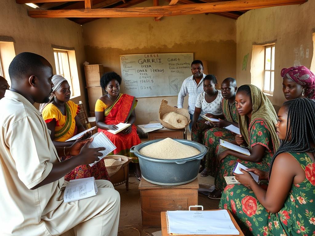 A vibrant scene of a vocational training session in progress, with a diverse group of individuals engaged in learning about agro-processing techniques. The trainer, a knowledgeable instructor, demonstrates the process of making Garri Ijebu. The room is filled with educational materials and tools, and participants are attentively taking notes and asking questions, showcasing a dynamic learning environment.
