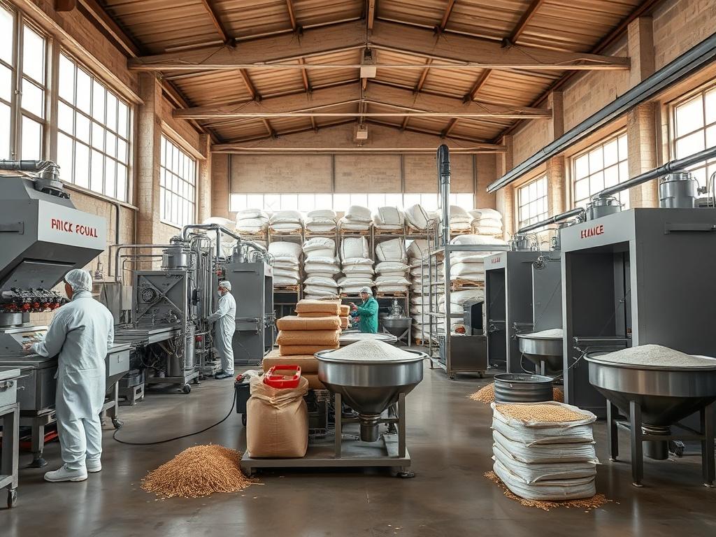 An interior shot of a modern agro-processing facility, showcasing advanced machinery used for processing rice and flour. The facility is clean and organized, with workers in hygienic gear actively involved in the production process. The background displays large bags of rice and flour, emphasizing the scale of operations. Natural light streams in through large windows, creating an inviting atmosphere.