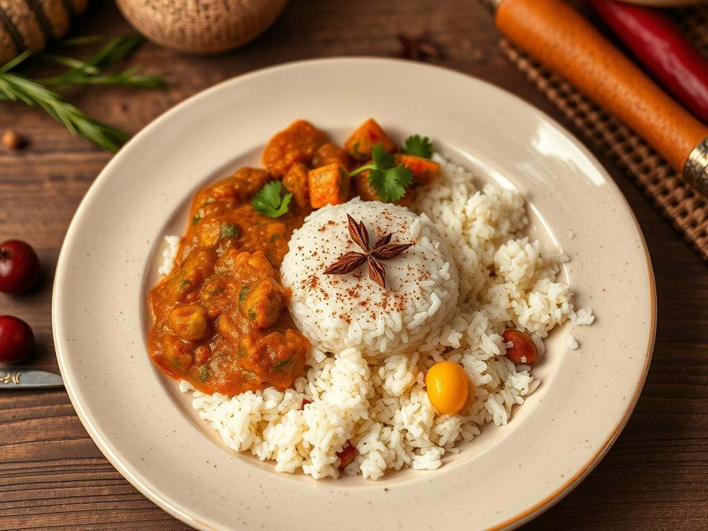 Create a realistic, high-resolution photo that captures the essence of innovation in indigenous African food products. The composition should be simple and clear, featuring a single subject: a beautifully arranged plate of contemporary African dishes. Focus on a vibrant serving of modernized traditional recipes, such as Ofada rice served with a colorful, visually appealing sauce and local vegetables. Add a sprinkle of spices to enhance the presentation.

The background should reflect an earthy and rustic ae