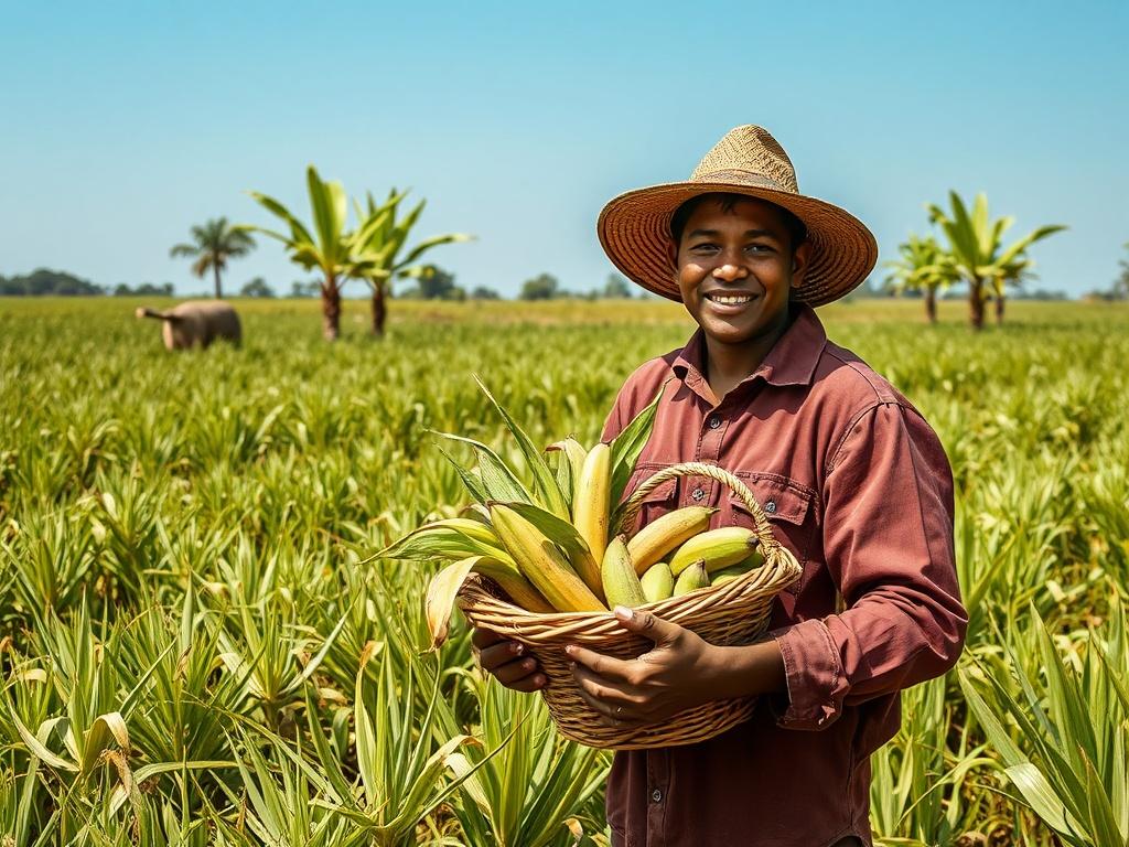 A rustic scene depicting a farmer in a lush green field, showcasing a variety of crops, including Ofada rice and plantains, under a clear blue sky. The farmer, a young adult, is smiling and holding a basket of freshly harvested produce, symbolizing community empowerment and sustainable agriculture. The background features traditional farm tools and eco-friendly packaging materials subtly integrated into the landscape, reflecting modern agricultural practices. The composition should be warm and inviting, emp