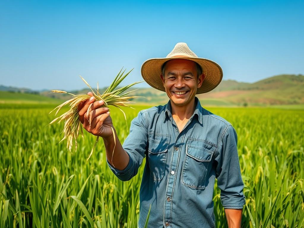 A rustic, high-resolution image depicting a farmer in a lush green rice field, holding a handful of freshly harvested stone-free Ofada rice. The background features rolling hills and a clear blue sky, emphasizing the natural beauty of agriculture. The farmer is smiling, symbolizing empowerment and success in agribusiness. The overall color tone should reflect earthy textures with a harmonious blend of greens and browns, compatible with rgb(29, 198, 181).