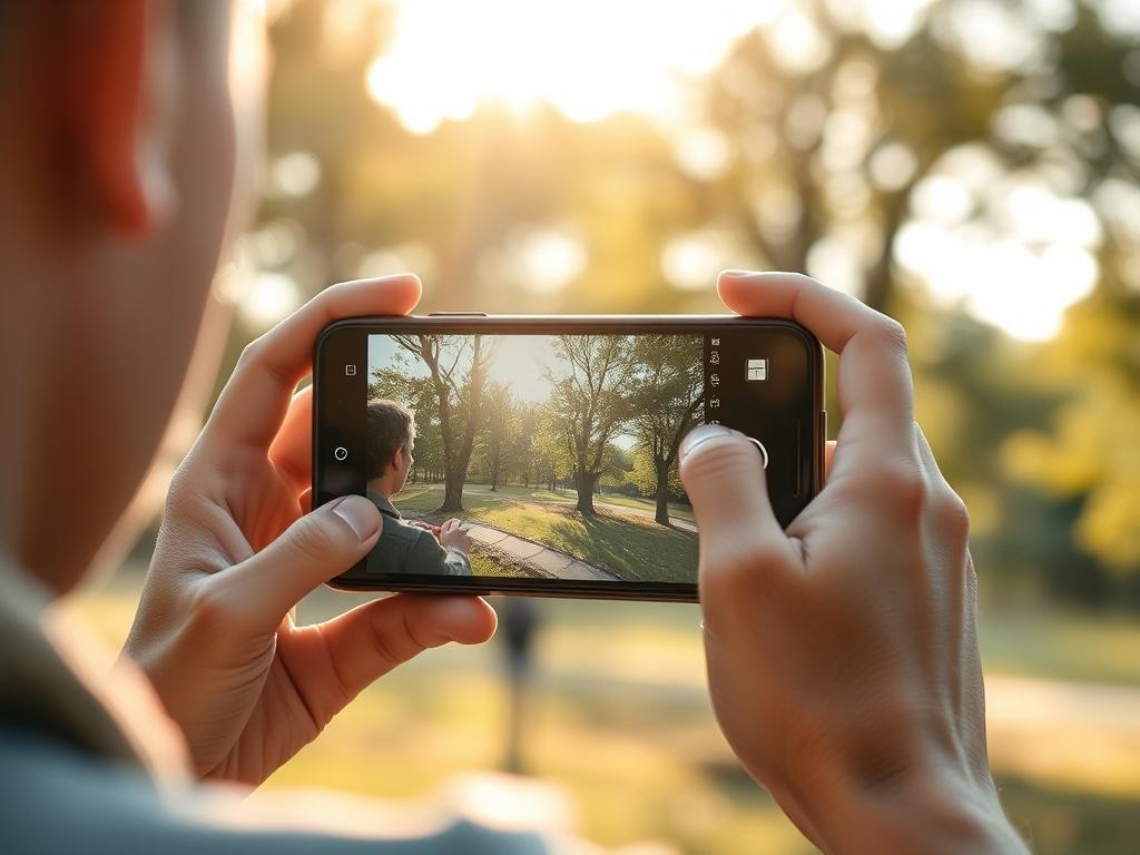 A realistic high-resolution photo of a person using a smartphone to capture a moment outdoors, surrounded by natural elements like trees and sunlight. The scene should convey a peaceful atmosphere with soft tones and gentle lighting. The person should be focused on their phone, highlighting the act of capturing reality. The background should be serene and inviting, emphasizing the connection between technology and nature.