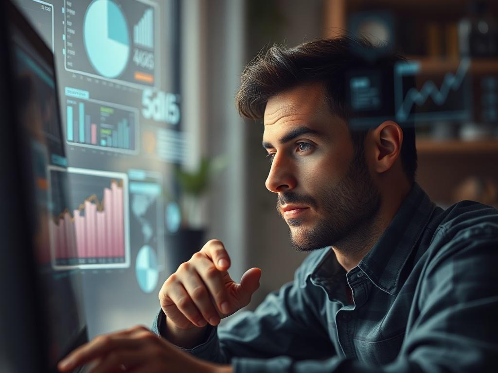 A thoughtful individual engaged in deep analysis, surrounded by digital