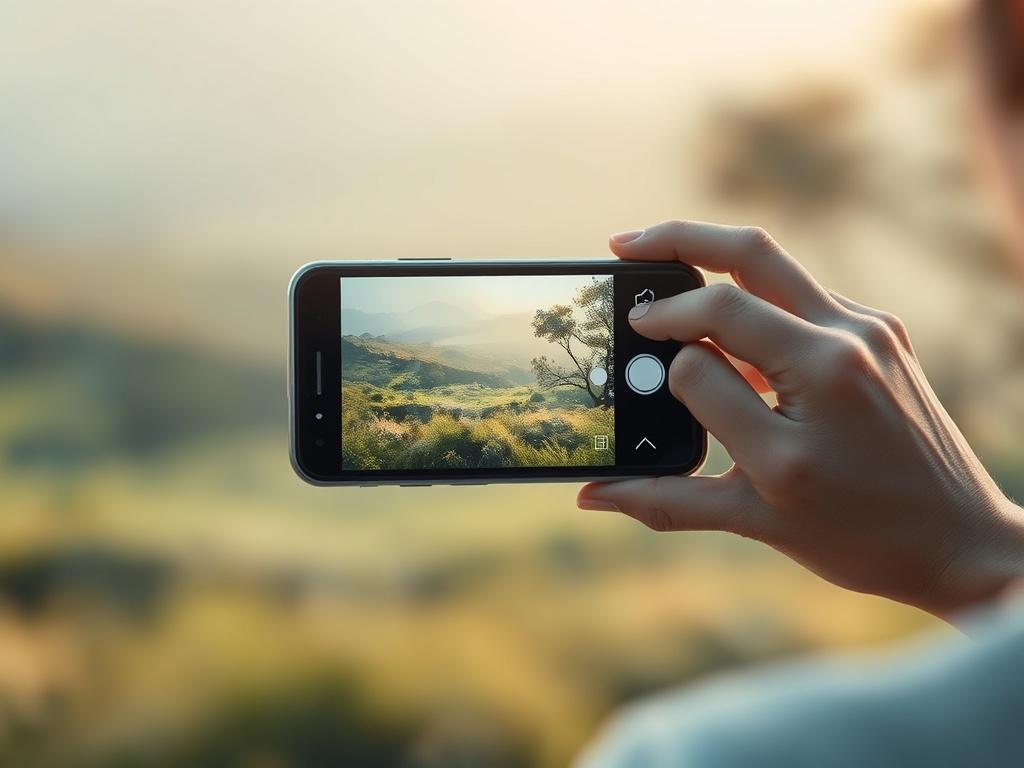 A serene landscape showing a person holding a smartphone, capturing