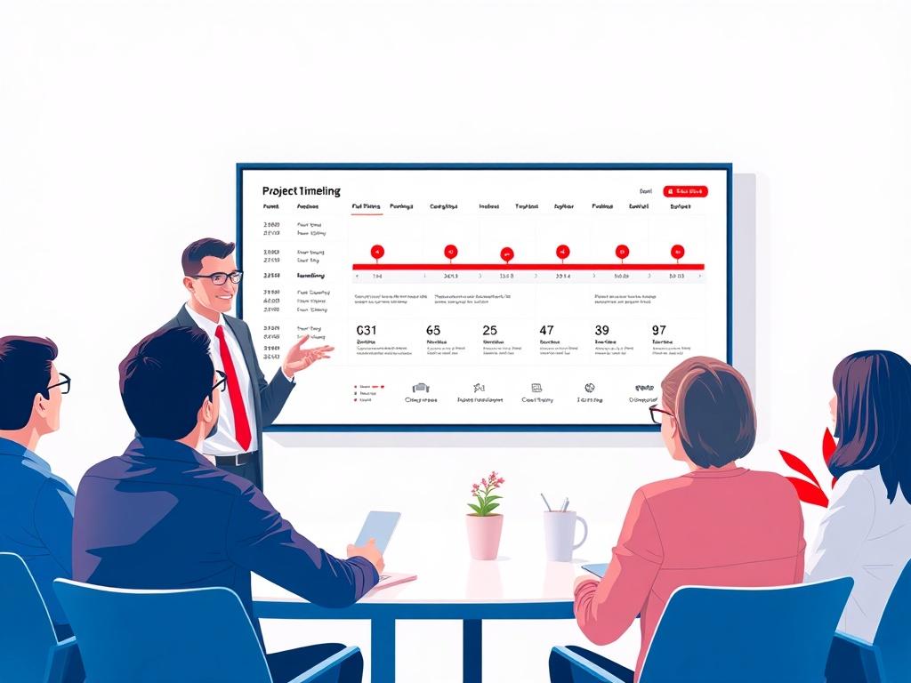 A confident professional leading a team meeting, standing beside a