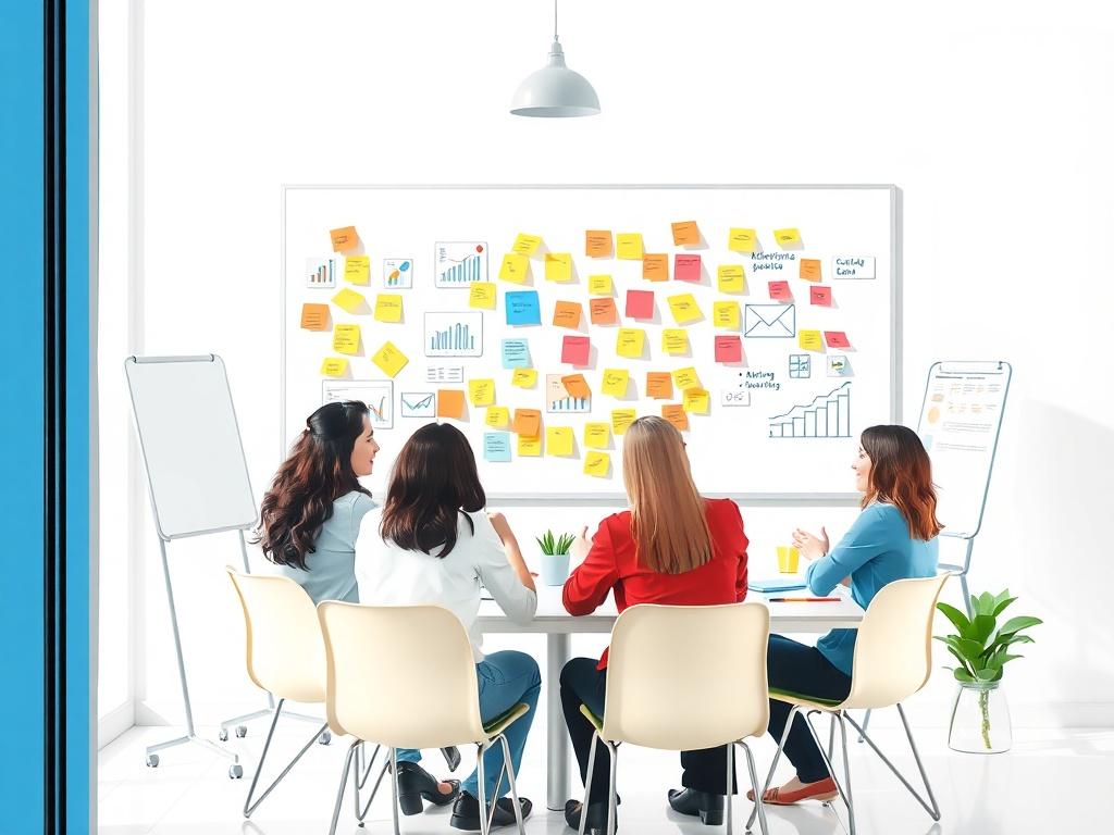 A dynamic meeting scene featuring a diverse team engaged in