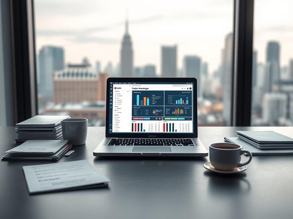 A calm office setting with an open laptop showcasing project