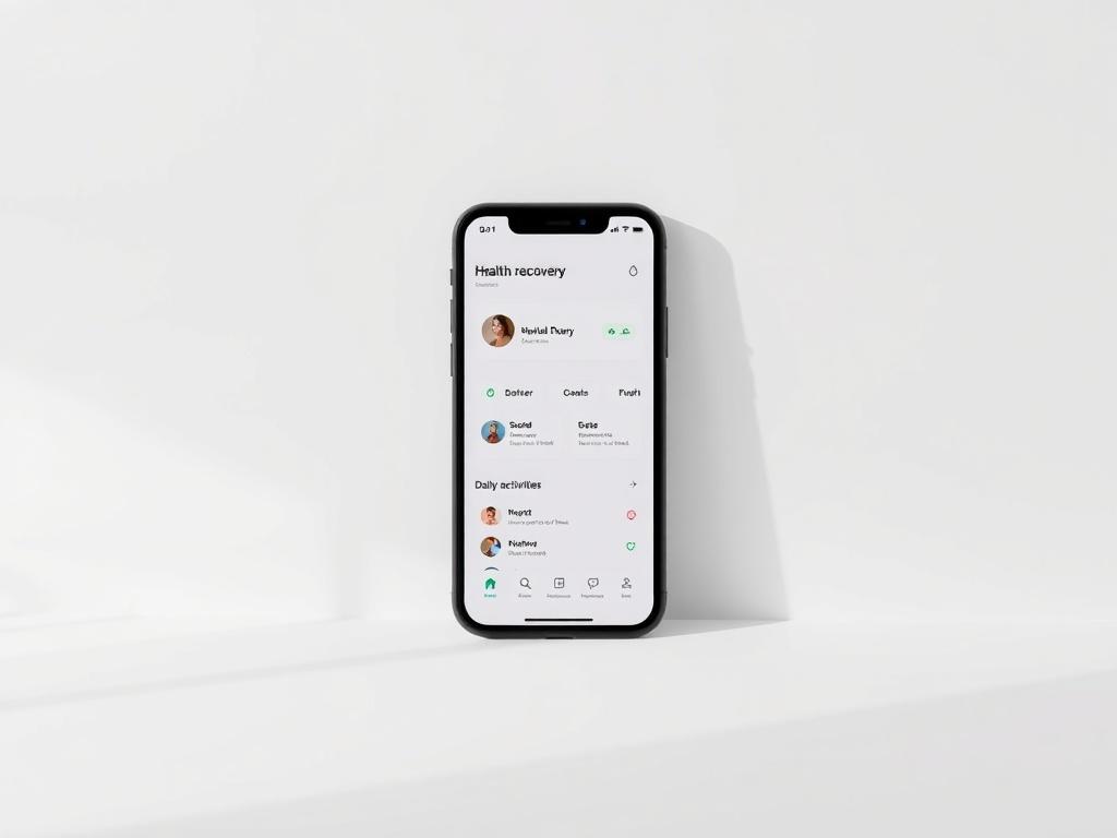 A high-resolution photo of a smartphone displaying a health recovery app interface. The app shows a simple, user-friendly design with sections for tracking mood, goals, and daily activities. The background is minimalistic with a soft, calming color palette, emphasizing tranquility. The smartphone is centered, with light reflecting off its screen, creating a sense of clarity and focus.