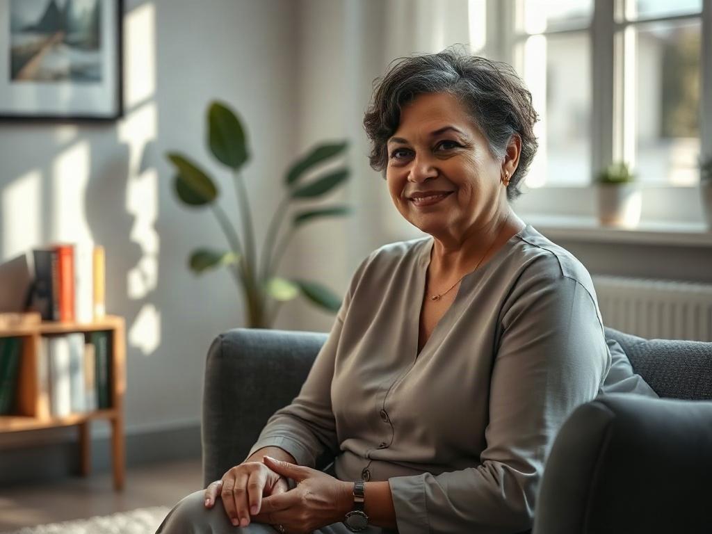 Create a realistic high-resolution photo that captures the essence of LMFT EMDR therapy. The composition should focus on a single subject: a compassionate LMFT therapist sitting in a tranquil therapy room. The therapist, a middle-aged woman of diverse ethnic background, should exhibit a warm and approachable demeanor, dressed in a professional but relaxed attire. 

The background should be softly blurred to emphasize the therapist, featuring elements like a comfortable chair, a small bookshelf filled with m