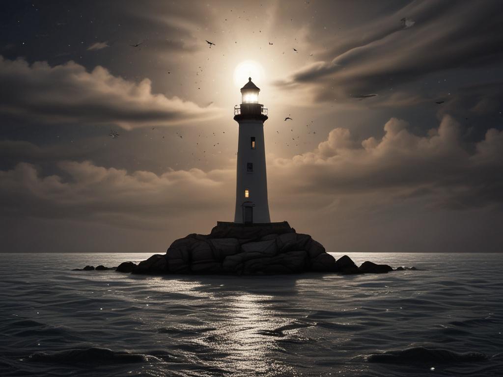 A tranquil lighthouse standing tall against a night sky filled