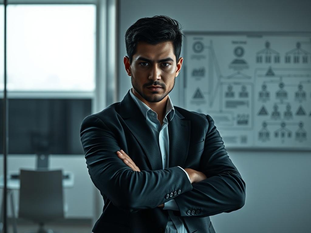 Create a realistic, high-resolution photo that embodies the theme "Power Dynamics." The composition should feature a single, powerful figure positioned at the center of the frame. This individual should be portrayed in an assertive stance, exuding confidence and authority, perhaps with their arms crossed or hands on hips. The figure should be dressed in professional attire, such as a tailored suit, emphasizing their role as a leader or influencer.

The background should be simple and subtle, providing conte