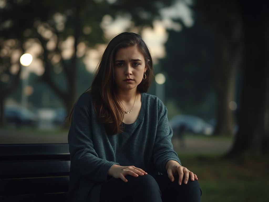 **AI Image Generation Prompt:**

Create a realistic high-resolution photo that captures the theme of "Purity Culture/Sexuality." Focus on a single subject: a young adult woman sitting alone on a bench in a dimly lit, park setting. The woman, dressed in casual attire, exhibits a look of contemplation and unease, reflecting the internal struggle and confusion that can arise from the pressures of purity culture. Her expression should convey a blend of vulnerability and strength.

In the background, include sof