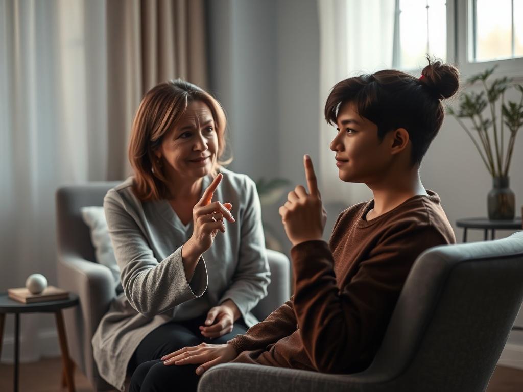 Create a realistic high-resolution photo featuring a single therapist seated in a well-lit, calming therapy room. The therapist, a middle-aged woman with warm, empathetic features, is guiding a client through an Eye Movement Desensitization and Reprocessing (EMDR) session. The client, a young adult, appears engaged and thoughtful, with eyes gently focused forward while the therapist demonstrates the bilateral stimulation technique using her fingers, moving them rhythmically side to side.

The background sho