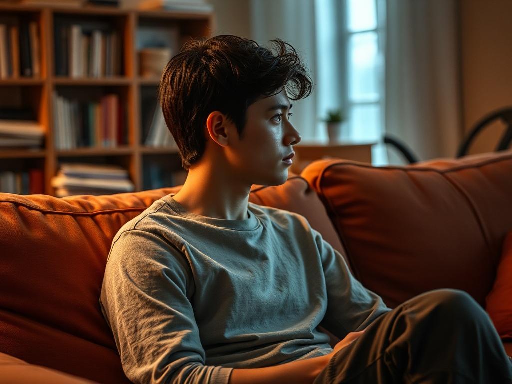 **AI Image Generation Prompt:**

Create a realistic high-resolution photo featuring a thoughtful individual seated on a cozy, comfortable couch, reflecting on the theme of attachment styles. The subject should be a young adult, with an expression of contemplation and understanding, symbolizing introspection. The individual should be shown in profile, gazing slightly away from the viewer, suggesting a moment of self-reflection.

The background should be softly blurred to keep the focus on the subject while i