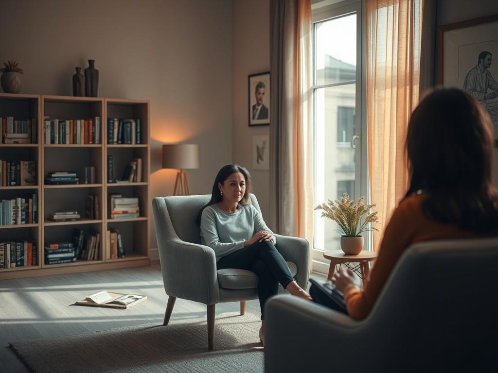 **AI Image Generation Prompt:**

Generate a realistic high-resolution image depicting a serene therapy session in a warmly lit room. The focal subject should be a compassionate therapist, a middle-aged woman of Hispanic descent, sitting comfortably in a modern armchair. She is engaged in a supportive conversation with an unseen client, reflecting empathy and understanding in her expression. 

The backdrop should feature a softly adorned therapy room, with muted tones, a bookshelf filled with psychology book
