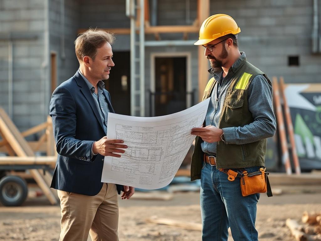 An engaging scene depicting a project manager reviewing architectural plans on-site with a contractor at a construction site. The background includes building materials and tools, highlighting the concept-to-build process. The focus is on collaboration and professionalism, showcasing the team working together to bring a design vision to life.