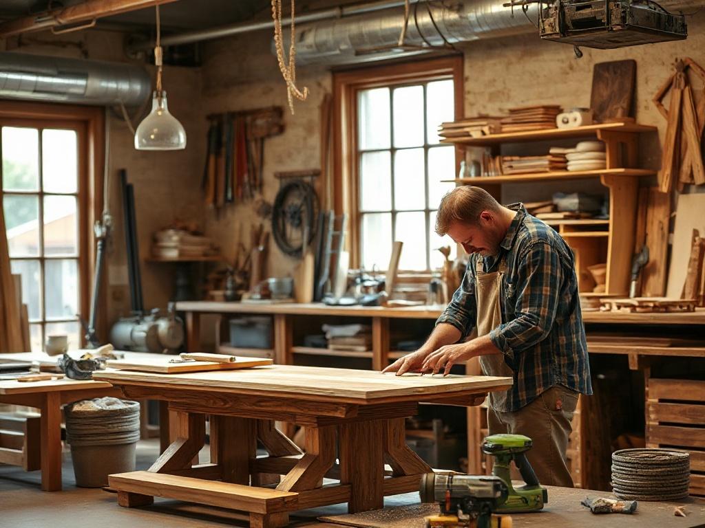 A skilled artisan at work, creating a custom piece of furniture in a workshop filled with tools and materials. The focus is on the craftsmanship and attention to detail, showcasing the process of transforming raw materials into a beautiful, bespoke furniture item. The atmosphere should reflect creativity and skill, with warm lighting highlighting the workspace.
